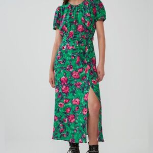 Zara Floral Flower Artsy Bohemian Midi Dress Pink‎ Green Belt Festival Punk